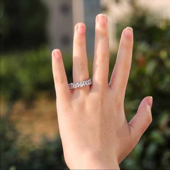 New Pear Cut Silver Diamond Wedding Ring Band - Picture 6 of 6